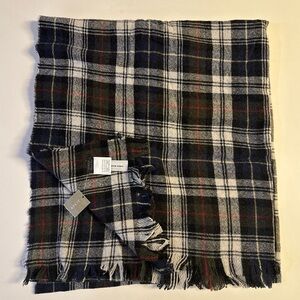 *J. Crew Wool Blend Oversized Black White Blue Plaid Scarf Made in Italy